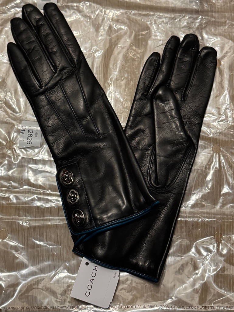 Nwt Coach 3 Silver Turnkey Black Leather Cashmere Lined Size 6.5 Gloves